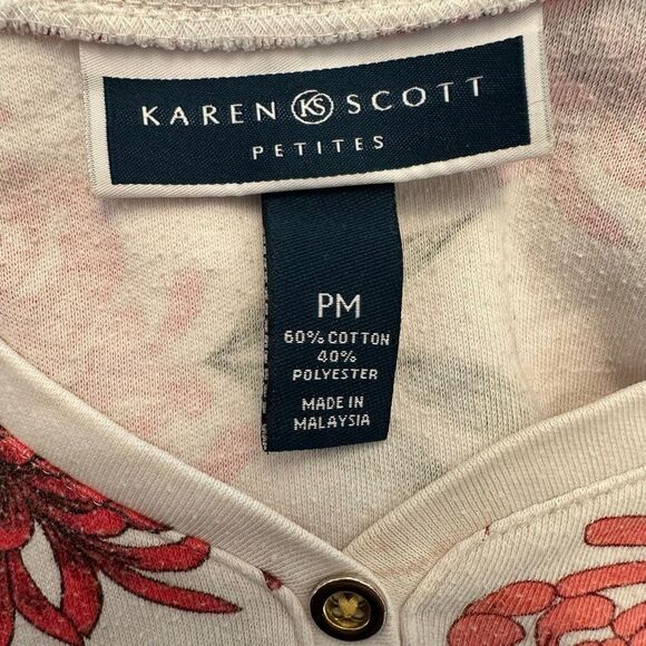 Karen Scott Floral Tropical Short Sleeve Cotton Blend Henley T-shirt Size PM - Picture 4 of 4